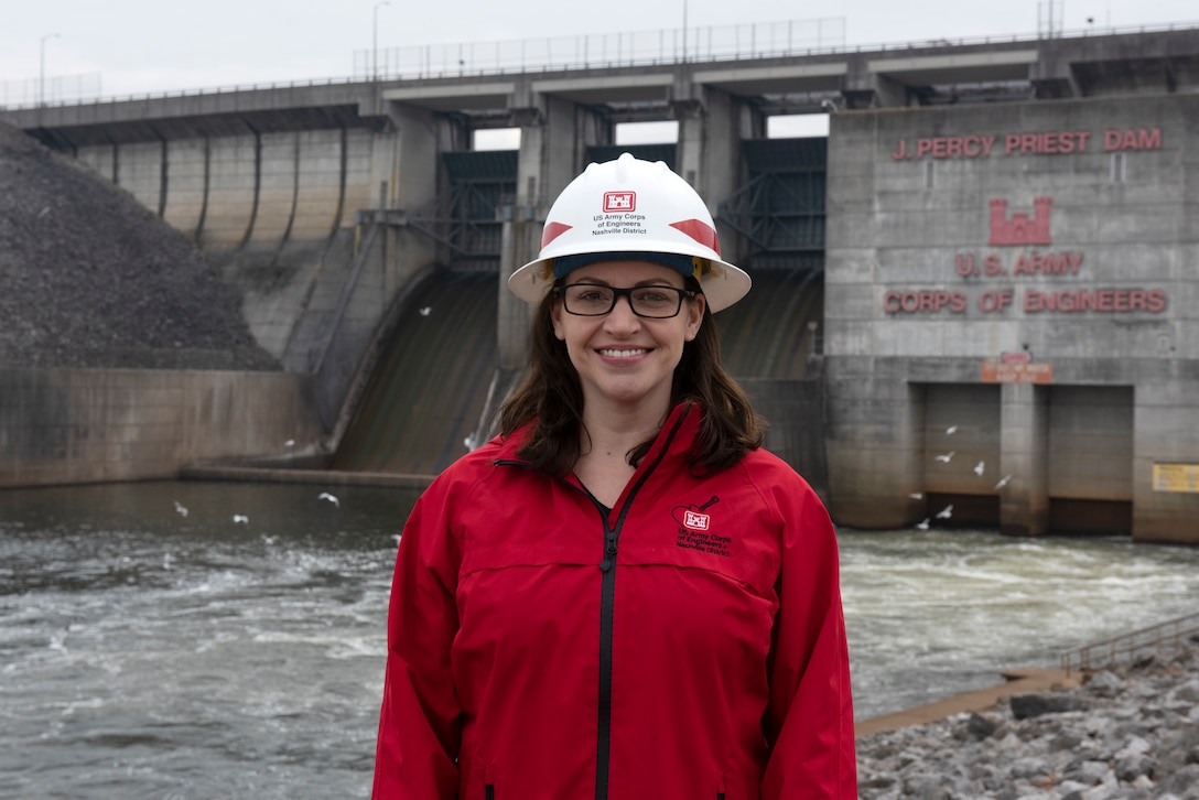Sarah Wiles, senior geologist in the Civil Design Branch's Geology Section, is the U.S. Army Corps of Engineers Nashville District Employee of the Month for December 2020. She is seen here at J. Percy Priest Dam in Nashville, Tennessee, Feb. 10, 2021. (USACE photo by Lee Roberts)