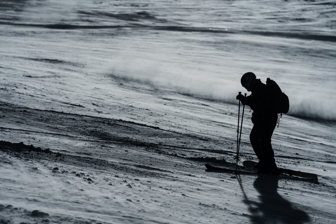 A U.S. Marine skis down a slope at Mammoth Lakes, Calif., Jan. 26.