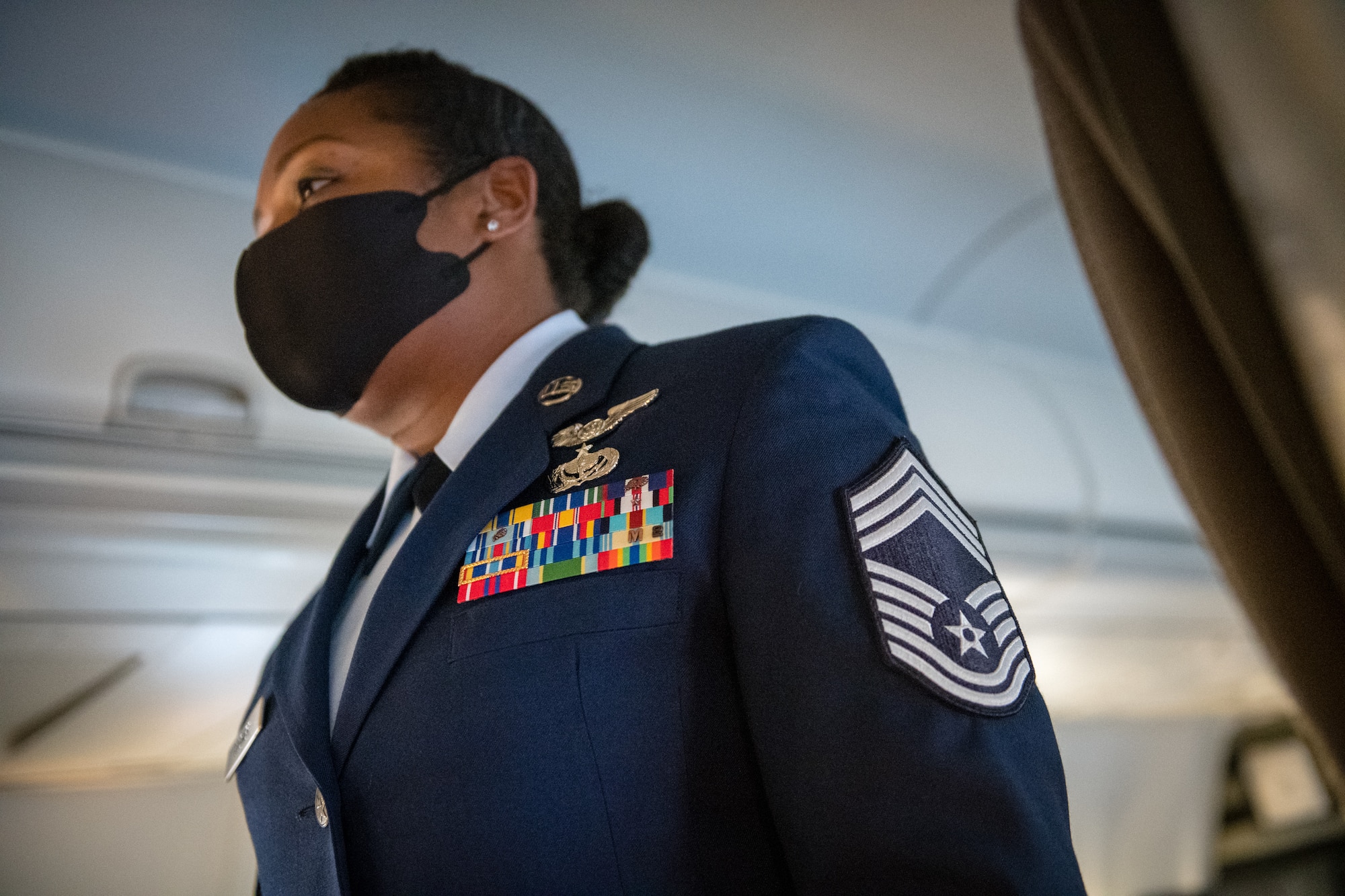 Chief Master Sgt. Monica Codner, 73rd Airlift Squadron superintendent, thanks her friends and family for attending her Chief Master Sgt. promotion ceremony  December 4, 2020, Scott Air Force Base, Illinois. (U.S. Air Force photo by Christopher Parr)