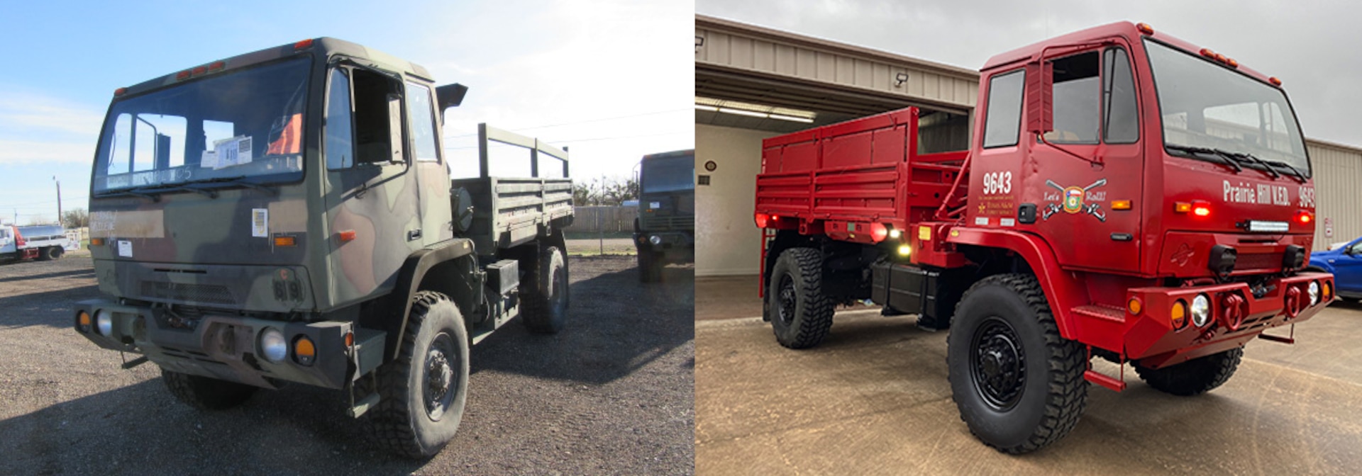 A view of a green military truck and a view of the same truck but now red after being converted into a firetruck.