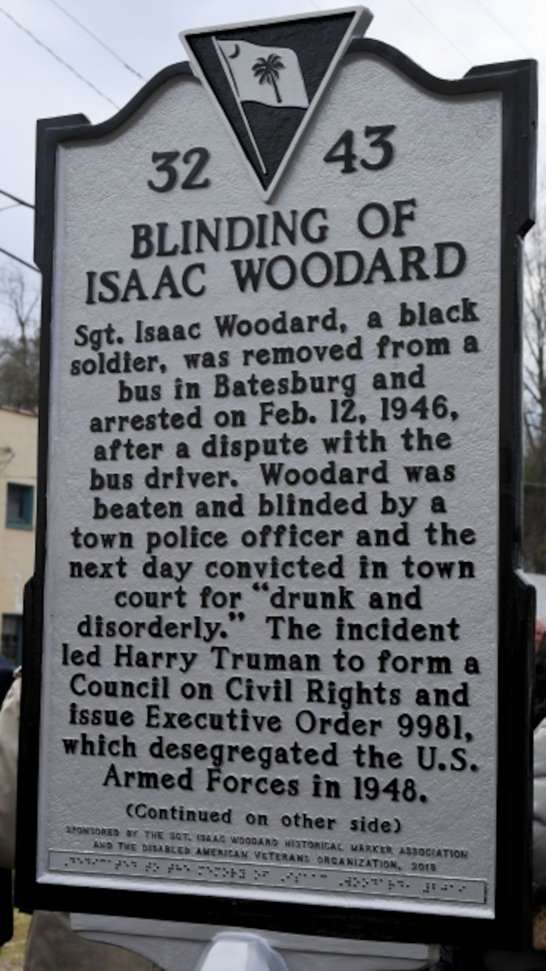 A memorial plaque erected in 2019 in Batesburg-Leesville, South Carolina, memorializes the attack on Woodard. (Photo by U.S. Army)