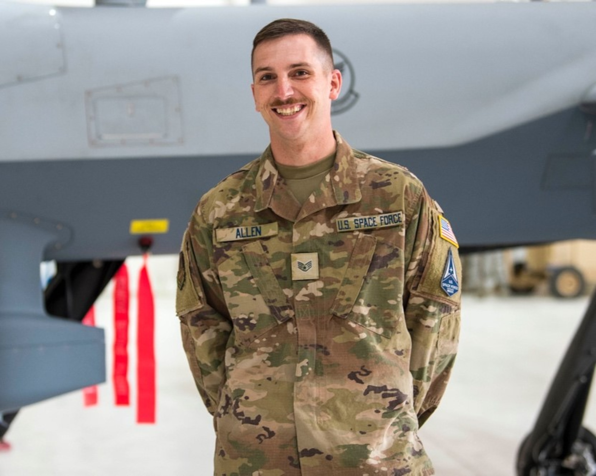 U.S. Space Force Sgt. Robert Allen, 49th Security Forces Squadron, poses for a photo, Feb. 12, 2021, on Holloman Air Force Base, New Mexico. The USSF is currently working on transferring over 6,000 Airmen from the Air Force to the Space Force by mid-2021. In Sept. 2020, the Air Force transitioned more than 2,400 active-duty Airmen in space operations and space system operations to begin establishing, maintaining, and preserving U.S. freedom of operations in space. (U.S. Air Force photo by Airman 1st Class Jessica Sanchez)