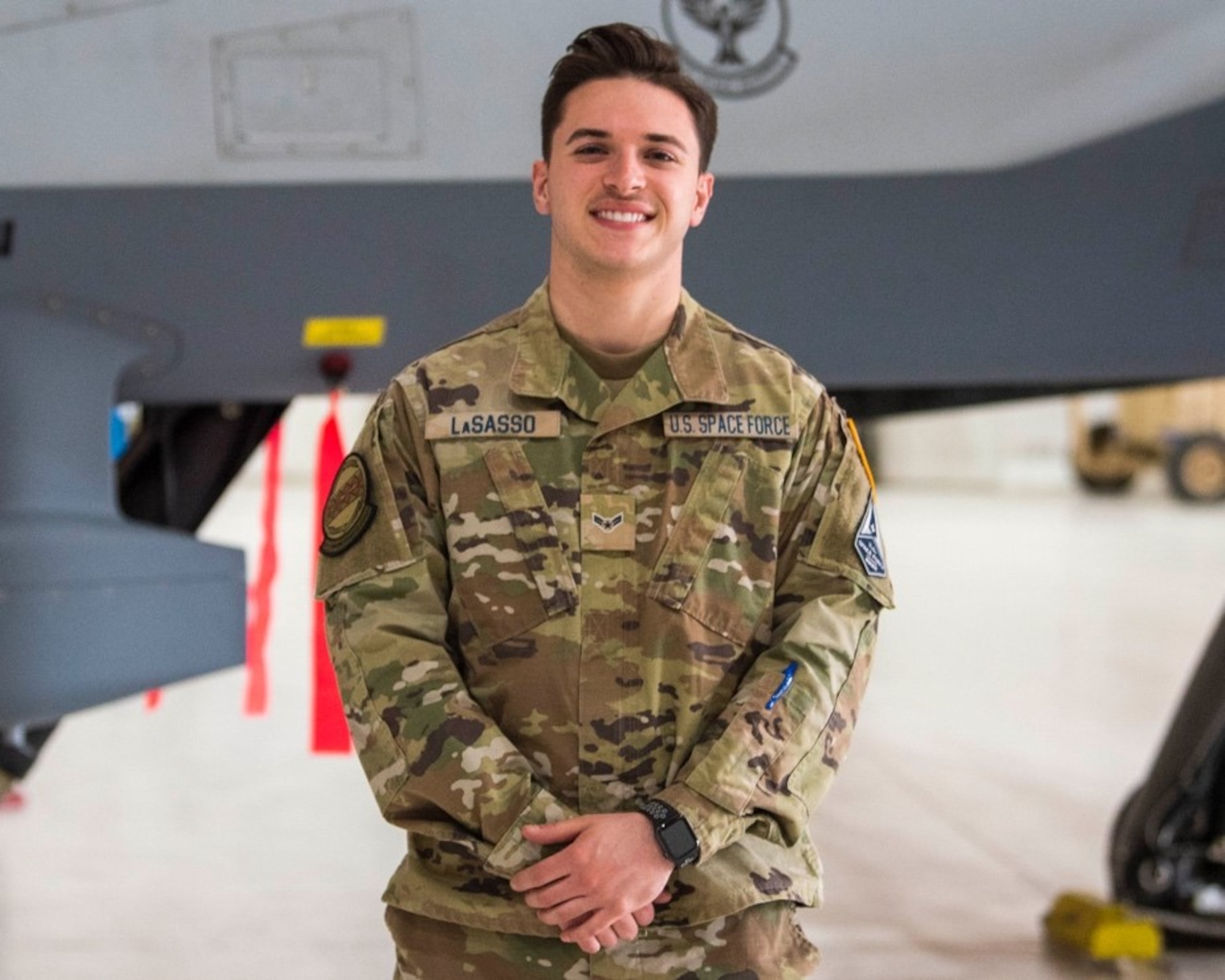 U.S. Space Force Specialist 3 Jonathan LaSasso, 49th Communications Squadron, poses for a photo, Feb. 12, 2021, on Holloman Air Force Base, New Mexico. The USSF is currently working on transferring over 6,000 Airmen from the Air Force to the Space Force by mid-2021. In Sept. 2020, the Air Force transitioned more than 2,400 active-duty Airmen in space operations and space system operations to begin establishing, maintaining, and preserving U.S. freedom of operations in space. (U.S. Air Force photo by Airman 1st Class Jessica Sanchez)