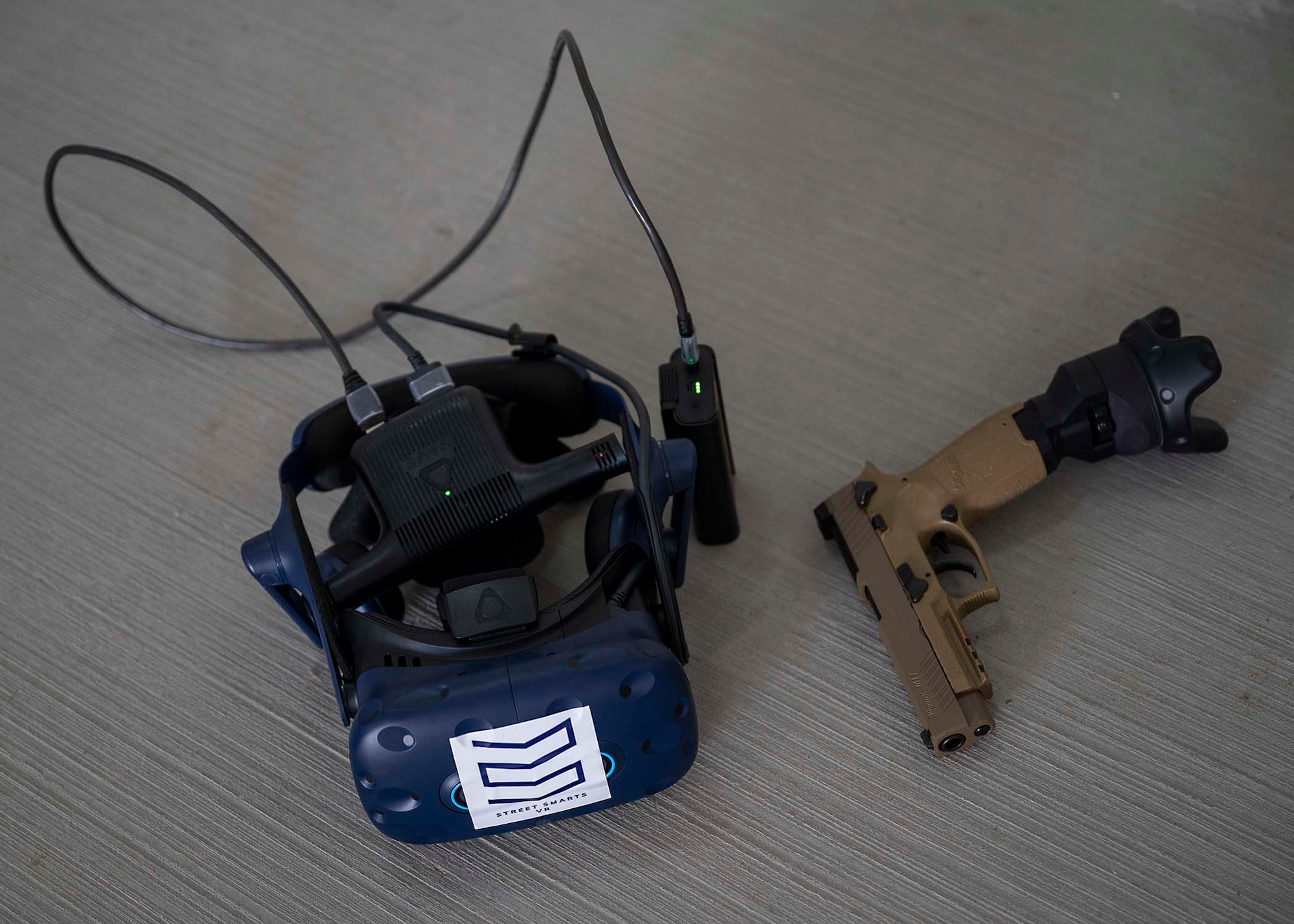 A virtual reality (VR) system lays on the ground at Al Dhafra Air Base (ADAB), United Arab Emirates, Jan. 20, 2020.