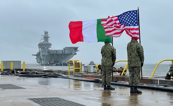 Italian Navy flagship, the aircraft carrier ITS Cavour (CVH 550), arrives at Naval Station Norfolk, Va., Feb 13.