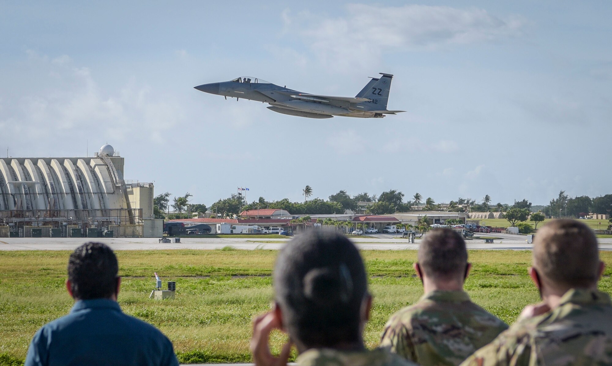 A U.S. Air Force F-15 Eagle assigned to the 44th Fighter Squadron, Kadena Air Base, Japan, takes off during exercise Cope North 2021 at Andersen Air Force Base, Guam, Feb. 11, 2021.