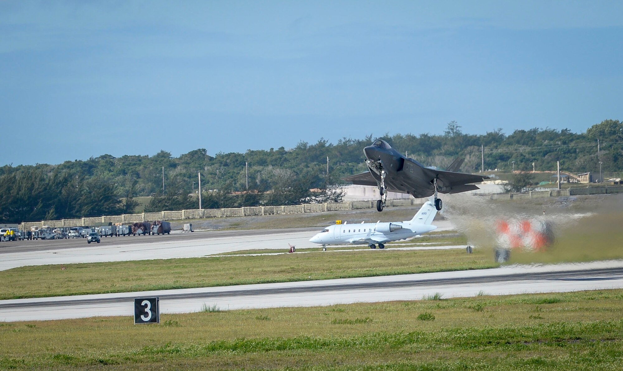 A U.S. Air Force F-35A Lighting II assigned to the 356th Fighter Squadron, Eielson Air Force Base, Alaska, takes off during exercise Cope North 2021 at Andersen Air Force Base, Guam, Feb. 11, 2021.