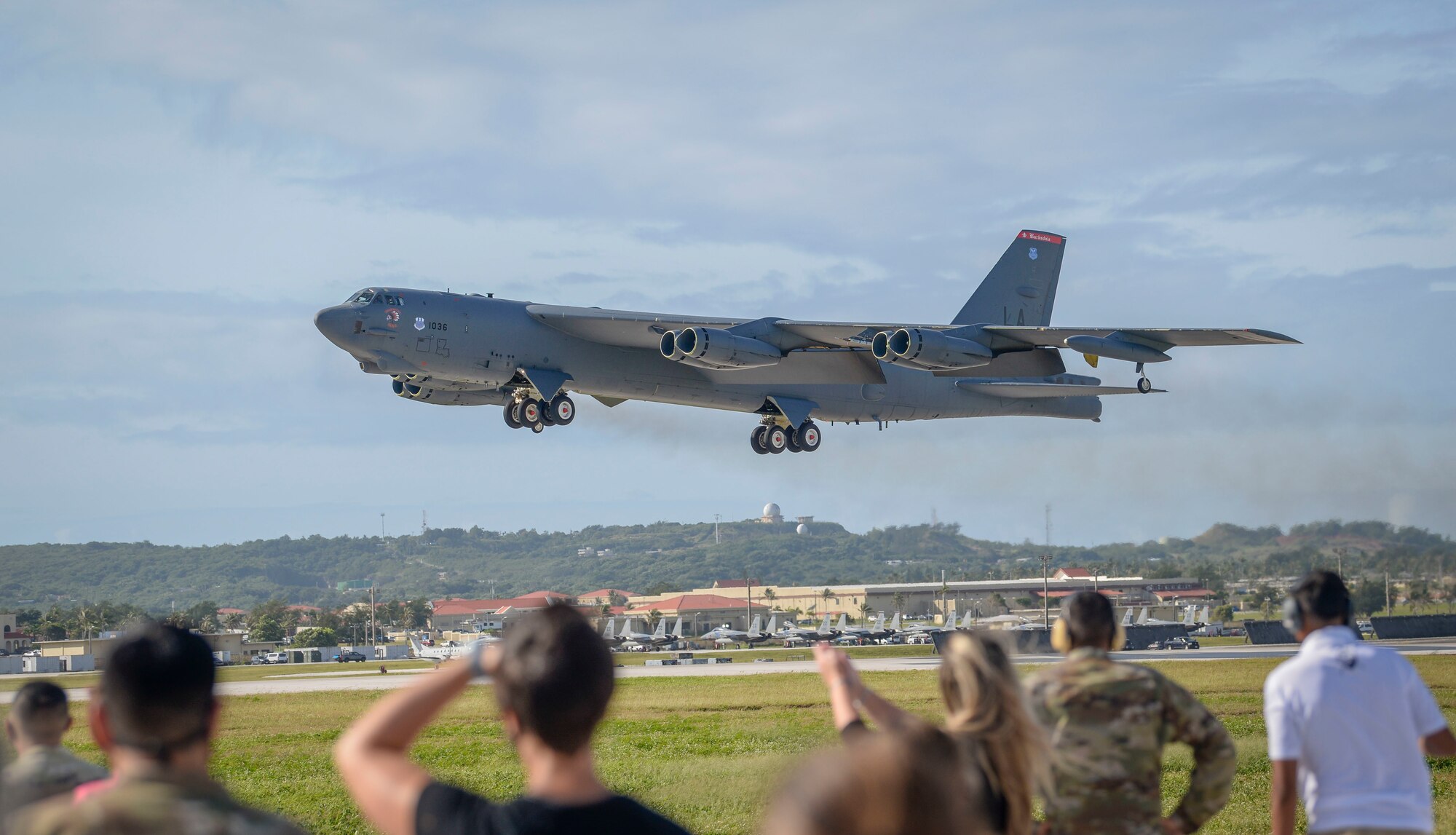A U.S. Air Force B-52 Stratofortress assigned to Barksdale Air Force Base, Louisiana, takes off during a group flight line engagement for exercise Cope North 2021 at Andersen Air Force Base, Guam, Feb. 11, 2021.