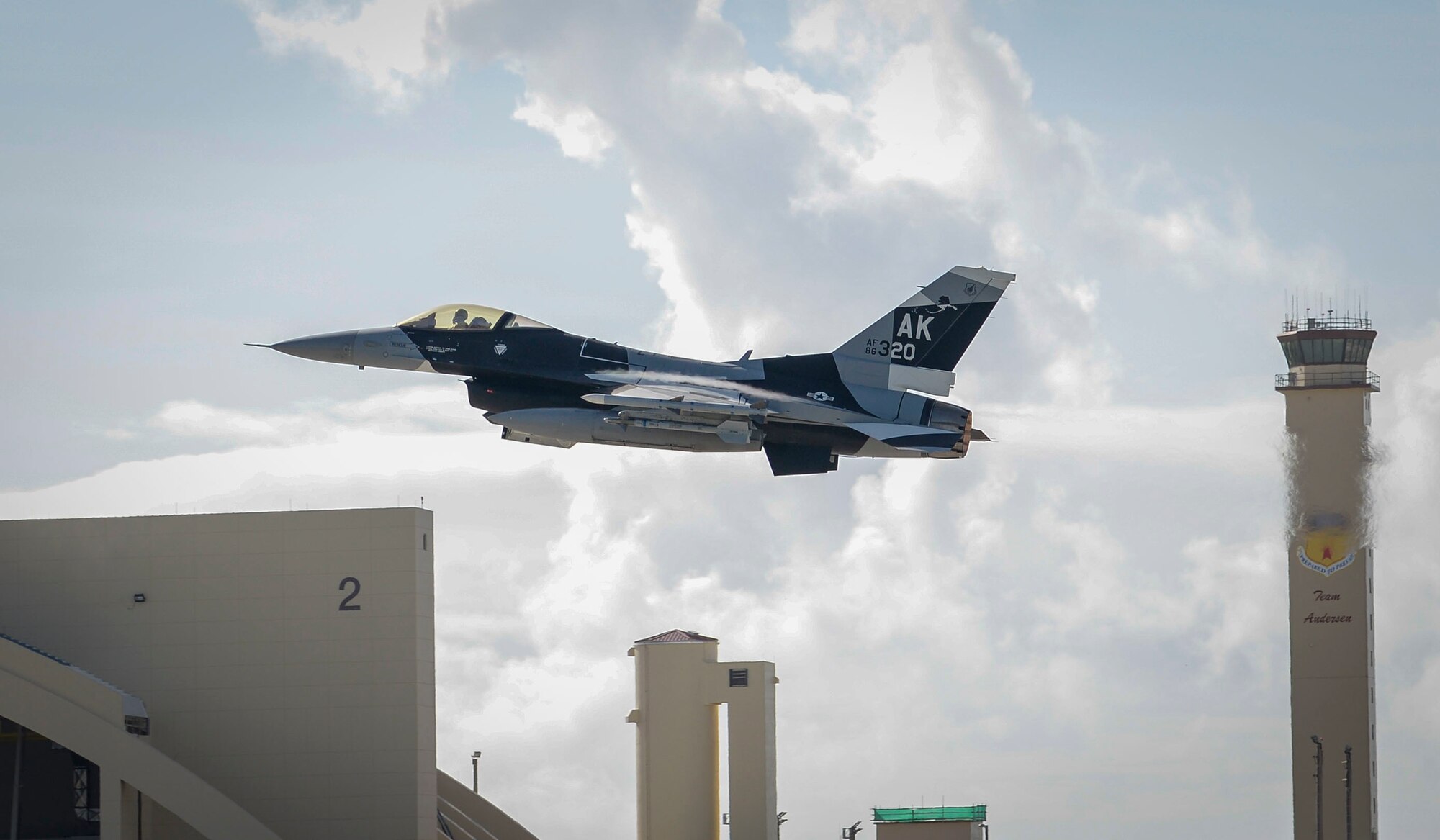 A U.S. Air Force F-16 Fighting Falcons assigned to the 18th Aggressor Squadron, Eielson Air Force Base, Alaska, takes off during exercise Cope North 2021 at Andersen Air Force Base, Guam, Feb. 11, 2021.