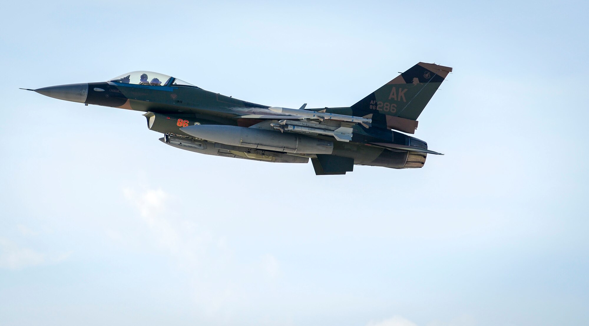 A U.S. Air Force F-16 Fighting Falcons assigned to the 18th Aggressor Squadron, Eielson Air Force Base, Alaska, takes off during exercise Cope North 2021 at Andersen Air Force Base, Guam, Feb. 11, 2021.