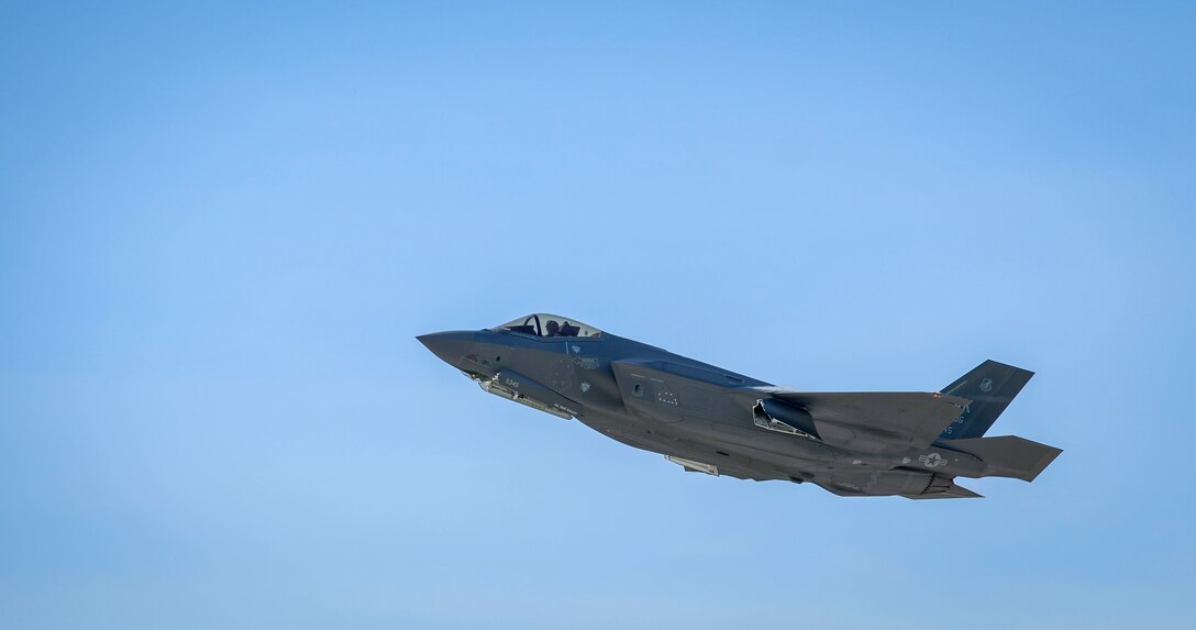 A U.S. Air Force F-35A Lighting II assigned to the 356th Fighter Squadron, Eielson Air Force Base, Alaska, takes off during exercise Cope North 2021 at Andersen Air Force Base, Guam, Feb. 11, 2021.