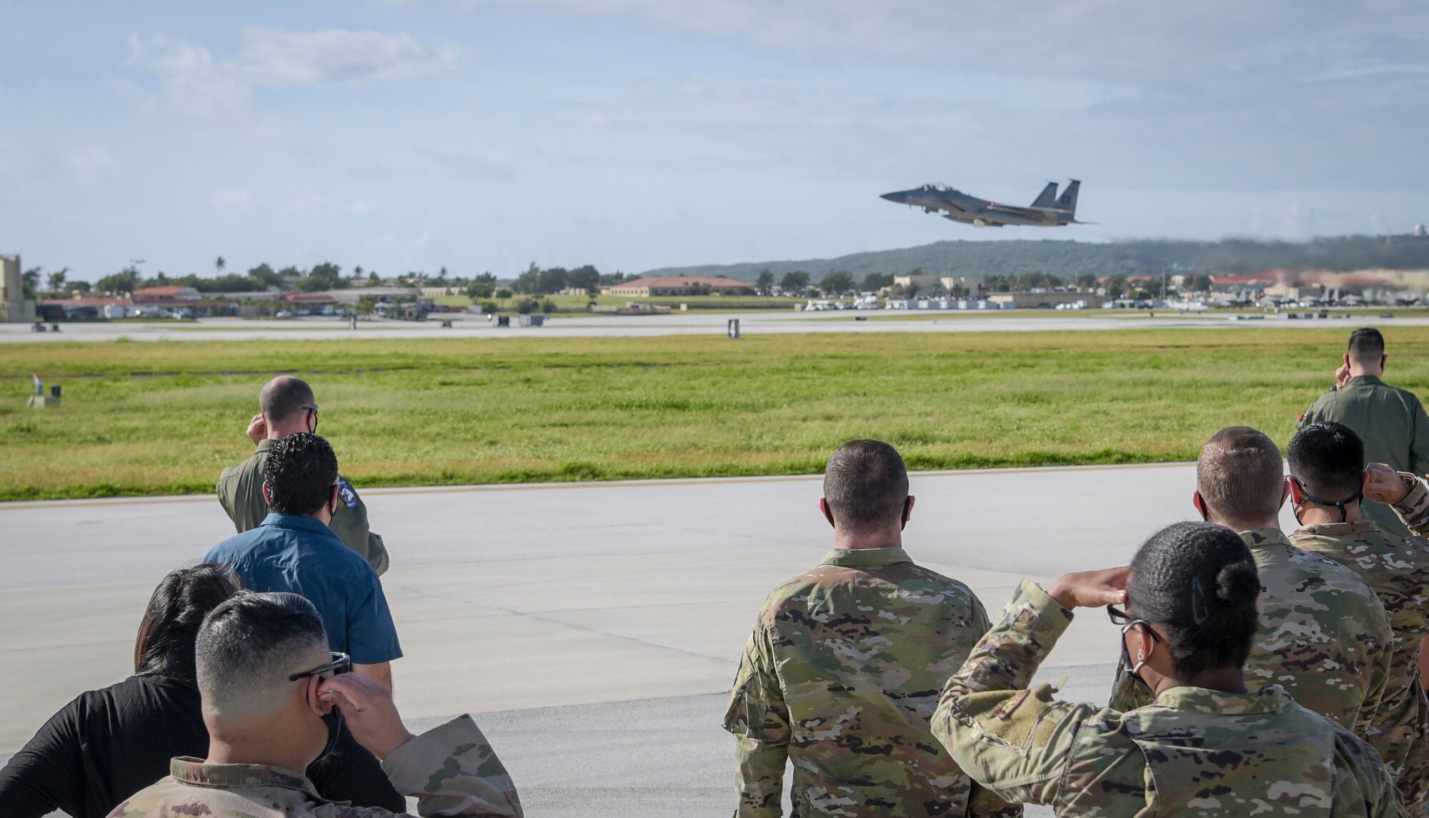 A U.S. Air Force F-15 Eagle assigned to the 44th Fighter Squadron, Kadena Air Base, Japan, takes off during exercise Cope North 2021 at Andersen Air Force Base, Guam, Feb. 11, 2021.