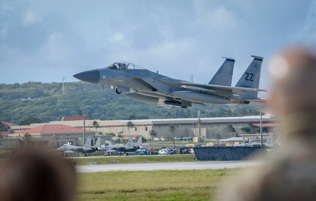 A U.S. Air Force F-15 Eagle assigned to the 44th Fighter Squadron, Kadena Air Base, Japan, takes off during exercise Cope North 2021 at Andersen Air Force Base, Guam, Feb. 11, 2021.