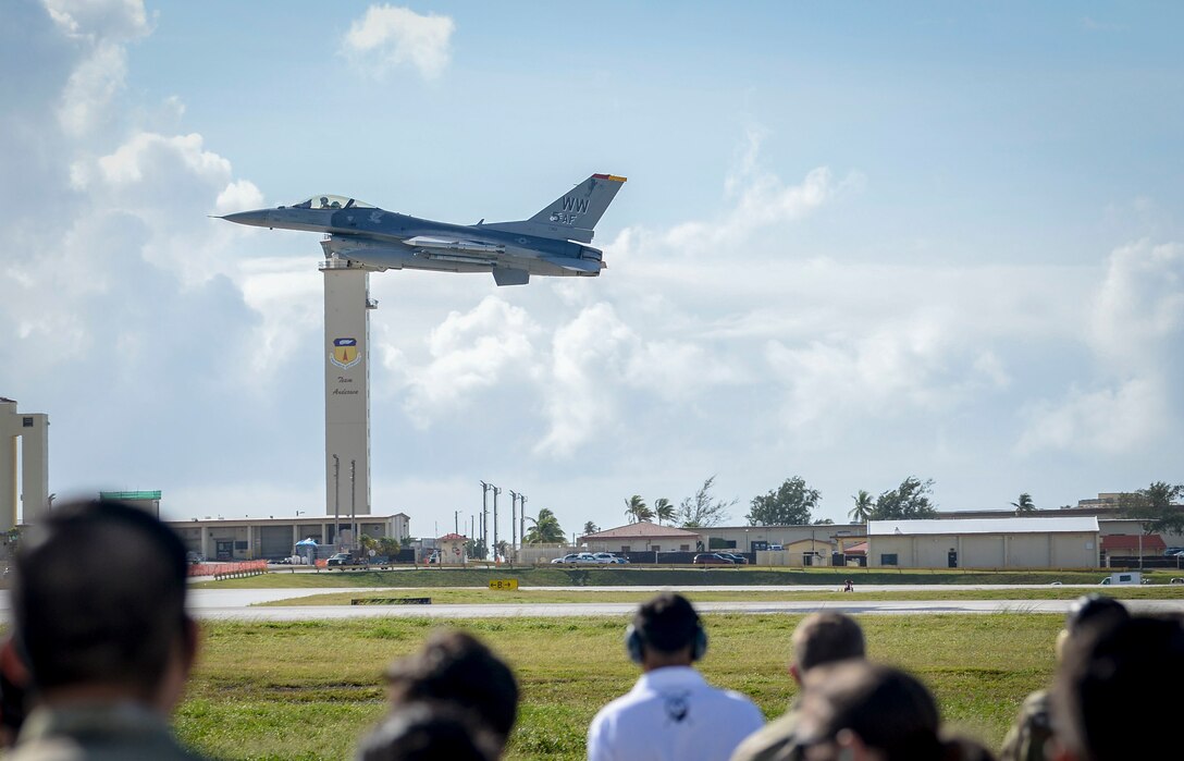 A U.S. Air Force F-16 Fighting Falcons assigned to the 13th Fighter Squadron, Misawa Air Base, Japan, takes off during a group flight line engagement for exercise Cope North 2021 at Andersen Air Force Base, Guam, Feb. 11, 2021.
