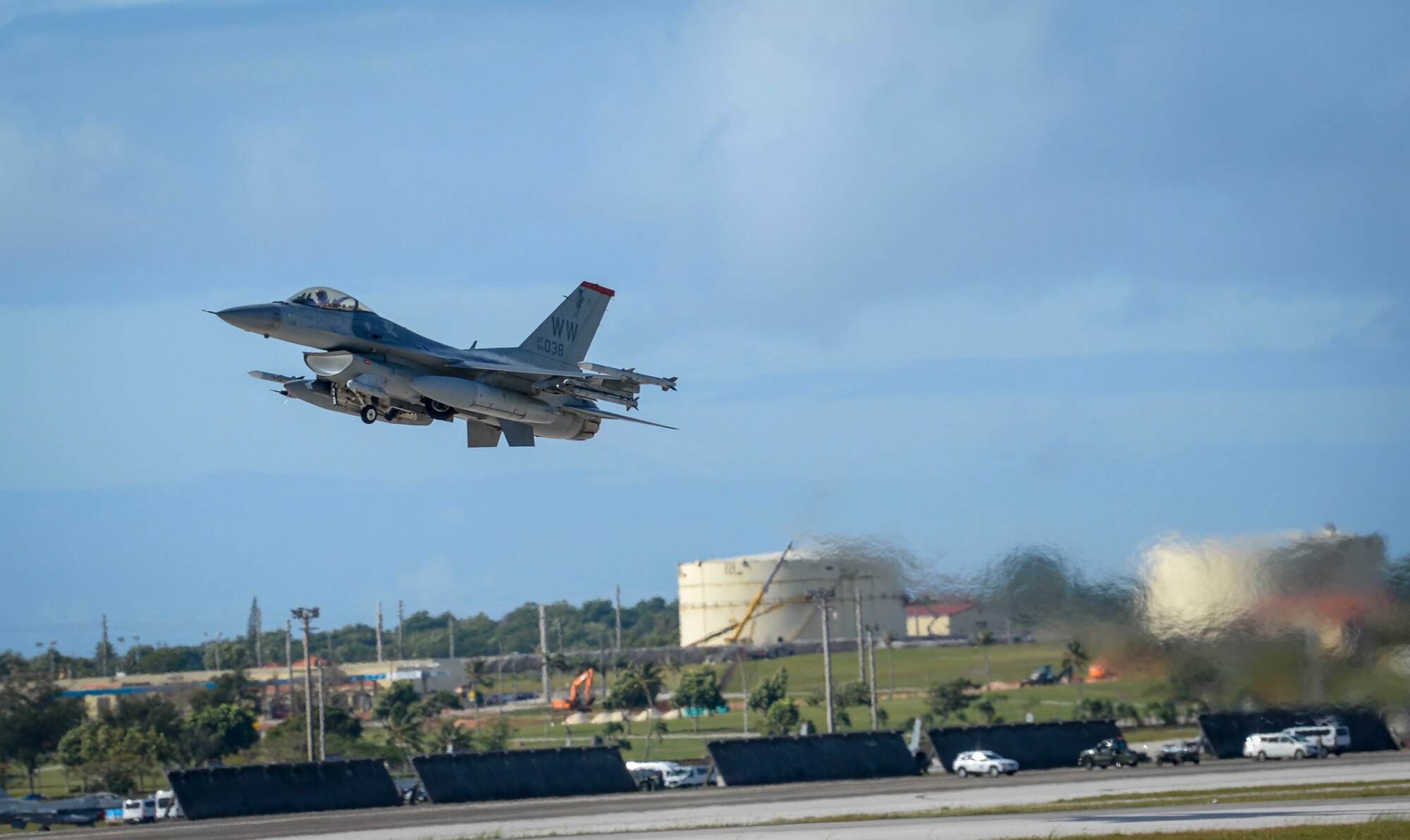 A U.S. Air Force F-16 Fighting Falcons assigned to the 13th Fighter Squadron, Misawa Air Base, Japan, takes off during exercise Cope North 2021 at Andersen Air Force Base, Guam, Feb. 11, 2021.