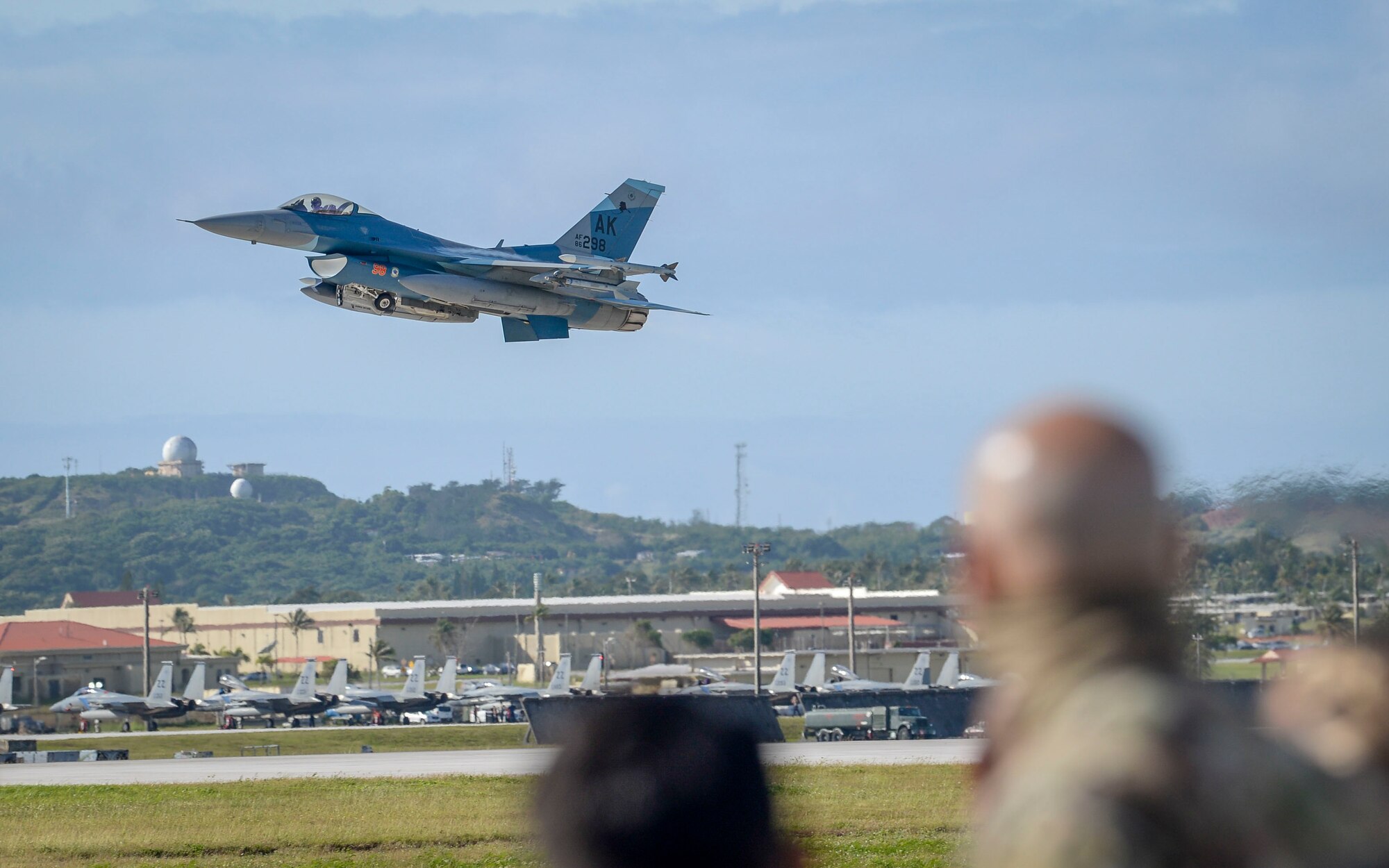 A U.S. Air Force F-16 Fighting Falcons assigned to the 18th Aggressor Squadron, Eielson Air Force Base, Alaska, takes off during a group flight line engagement for exercise Cope North 2021 at Andersen Air Force Base, Guam, Feb. 11, 2021.