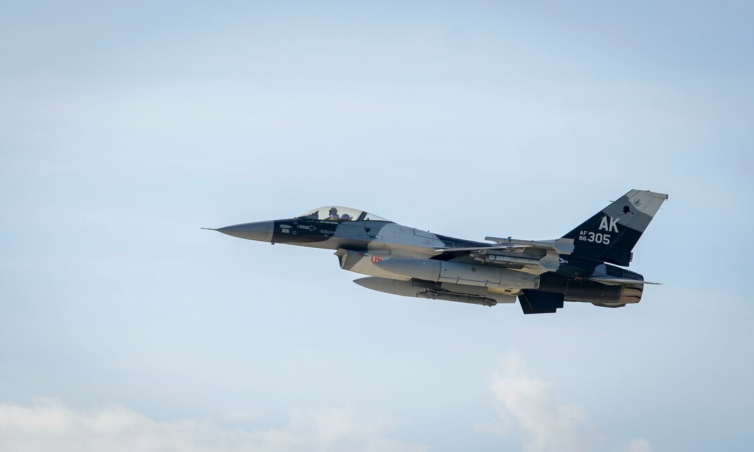 A U.S. Air Force F-16 Fighting Falcons assigned to the 18th Aggressor Squadron, Eielson Air Force Base, Alaska, takes off during exercise Cope North 2021 at Andersen Air Force Base, Guam, Feb. 11, 2021.
