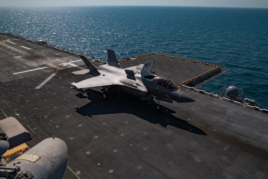 ARABIAN GULF (Feb. 13, 2021) – A U.S. Marine Corps F35B Lightning II assigned to Marine Medium Tiltrotor Squadron 164 (Reinforced), 15th Marine Expeditionary Unit (MEU), takes off from the flight deck of the amphibious assault ship USS Makin Island (LHD 8) during flight operations in support of Operation Inherent Resolve, Feb. 13. The Makin Island Amphibious Ready Group and the 15th MEU are deployed to the U.S. 5th Fleet area of operations in support of naval operations to ensure maritime stability and security in the Central Region, connecting the Mediterranean and Pacific through the western Indian Ocean and three strategic choke points. (U.S. Marine Corps photo by Sgt. Sarah Stegall)