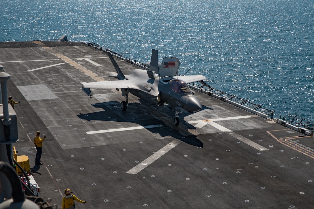 ARABIAN GULF (Feb. 13, 2021) – A U.S. Marine Corps F35B Lightning II assigned to Marine Medium Tiltrotor Squadron 164 (Reinforced), 15th Marine Expeditionary Unit (MEU), prepares to take off from the flight deck of the amphibious assault ship USS Makin Island (LHD 8) during flight operations in support of Operation Inherent Resolve, Feb. 13. The Makin Island Amphibious Ready Group and the 15th MEU are deployed to the U.S. 5th Fleet area of operations in support of naval operations to ensure maritime stability and security in the Central Region, connecting the Mediterranean and Pacific through the western Indian Ocean and three strategic choke points. (U.S. Marine Corps photo by Sgt. Sarah Stegall)