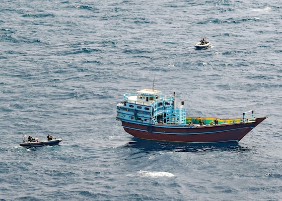 The guided-missile destroyer USS Winston S. Churchill (DDG 81), in accordance with international law, boarded a stateless dhow off the coast of Somalia and interdicted an illicit shipment of weapons and weapon components, Feb. 12.