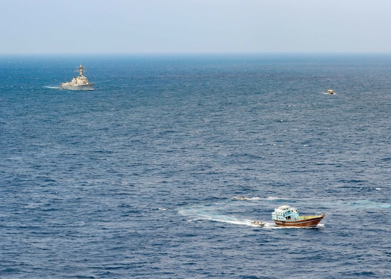 The guided-missile destroyer USS Winston S. Churchill (DDG 81), in accordance with international law, boarded a stateless dhow off the coast of Somalia and interdicted an illicit shipment of weapons and weapon components, Feb. 12.