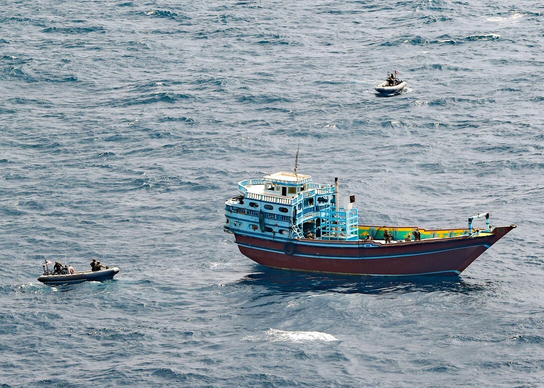 INDIAN OCEAN (Feb. 12, 2021) The guided-missile destroyer USS Winston S. Churchill (DDG 81), in accordance with international law, boarded a stateless dhow off the coast of Somalia and interdicted an illicit shipment of weapons and weapon components, Feb. 12. Maritime security operations, as conducted by the U.S. 5th Fleet, entail routine patrols to determine pattern of life in the maritime environment as well as to enhance mariner-to-mariner relations. These operations reassure allies and partners and preserve freedom of navigation and free flow of commerce. (U.S. Navy photo by Mass Communication Specialist 3rd Class Louis Thompson Staats IV)