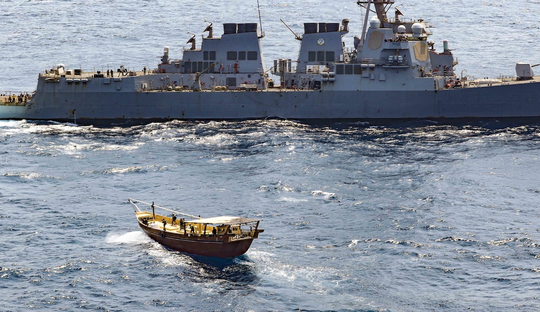 The guided-missile destroyer USS Winston S. Churchill (DDG 81), in accordance with international law, boarded a stateless dhow off the coast of Somalia and interdicted an illicit shipment of weapons and weapon components, Feb. 12.