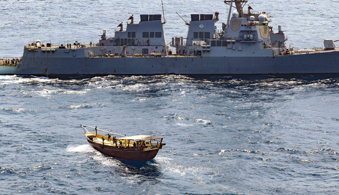 The guided-missile destroyer USS Winston S. Churchill (DDG 81), in accordance with international law, boarded a stateless dhow off the coast of Somalia and interdicted an illicit shipment of weapons and weapon components, Feb. 12.