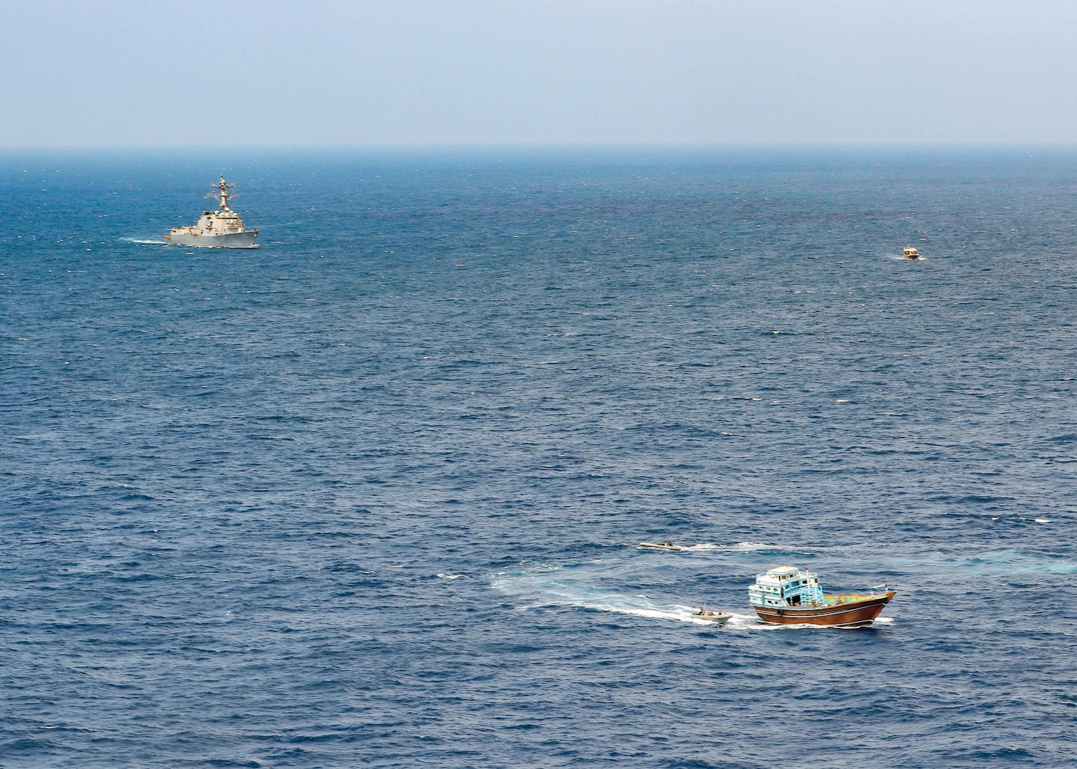 The guided-missile destroyer USS Winston S. Churchill (DDG 81), in accordance with international law, boarded a stateless dhow off the coast of Somalia and interdicted an illicit shipment of weapons and weapon components, Feb. 12.