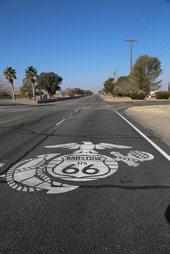 The new Eagle, Globe and Anchor design, including the historic Route 66 logo, is stenciled on Joseph Boll Ave., which is part of the historic Route 66 aboard Marine Corps Logistics Base Barstow. The new logo was designed by Environmental Director Jason Thompson and was approved by Headquarters Marine Corps' Licensing and Trademark Office. The 1.7-mile stretch or the historic road is not open to the general public.