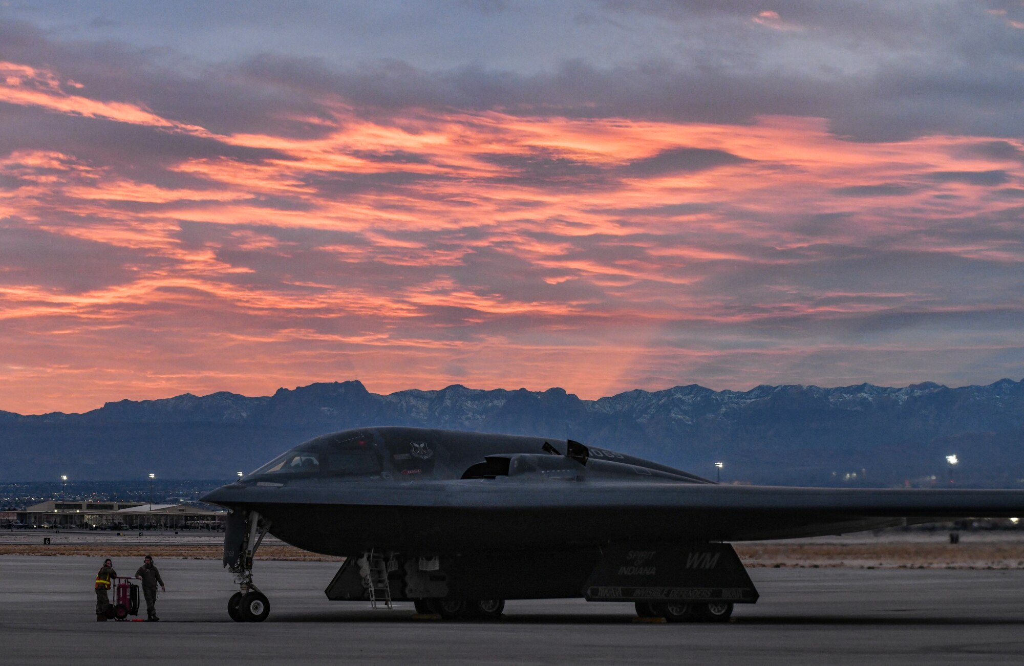 A B-2 Spirit Stealth Bomber sits on a flightline during Red Flag 21-1, Feb. 1, 2021, at Nellis Air Force Base, Nevada. During RF 21-1, the 393rd Expeditionary Bomb Squadron flew approximately 60 B-2 Spirit Stealth Bomber training missions with multiple aircraft in order to further enhance their experience for future sorties. Aircrews rotated their mission duties throughout the large-force exercise, expanding their ability to plan and execute operations best fit for various contingency scenarios. (U.S. Air Force photo by Staff Sgt. Sadie Colbert)