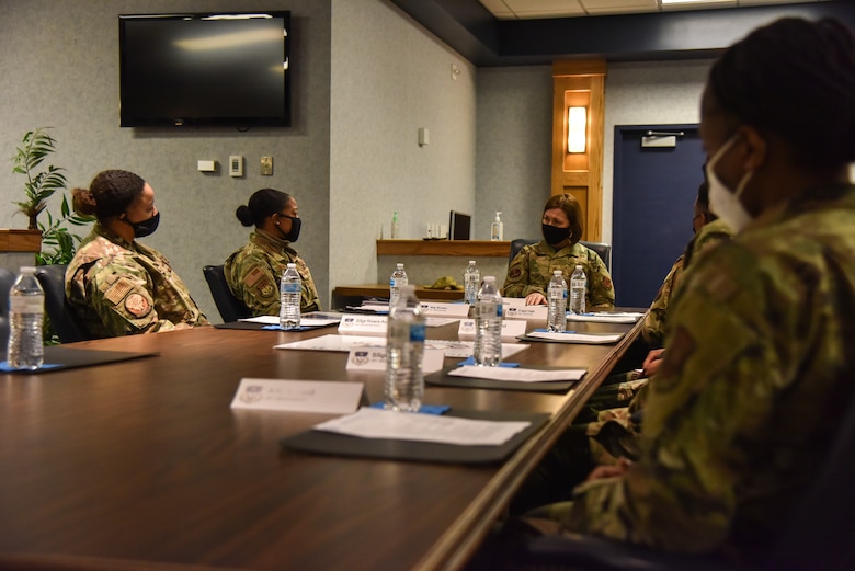 Chief Master Sgt. of the Air Force JoAnne S. Bass meets with the 341st Missile Wing's Diversity and Inclusion team Feb. 9, 2021, at Malmstrom Air Force Base, Mont. The team focuses on diversity and unconscious bias training and events that celebrate the diversity and inclusivity of the Total Force.