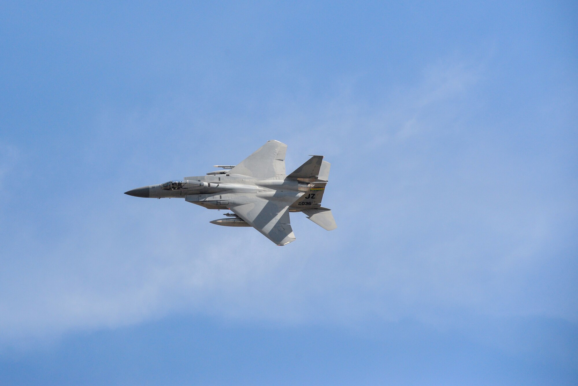 A fighter flies overhead