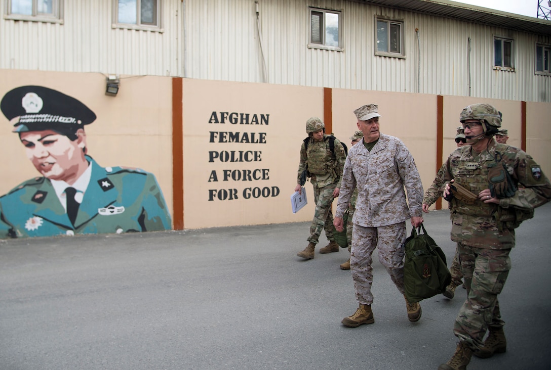 Former Chairman of the Joint Chiefs of Staff General Joseph F. Dunford, Jr., meets with U.S. Army General John W. Nicholson, Jr., former commander of NATO-led Resolute Support Mission and U.S. Forces–Afghanistan, while visiting Train Advise Assist Command–North, in Mazar-i-Sharif, March 20, 2018 (DOD/Dominique A. Pineiro)