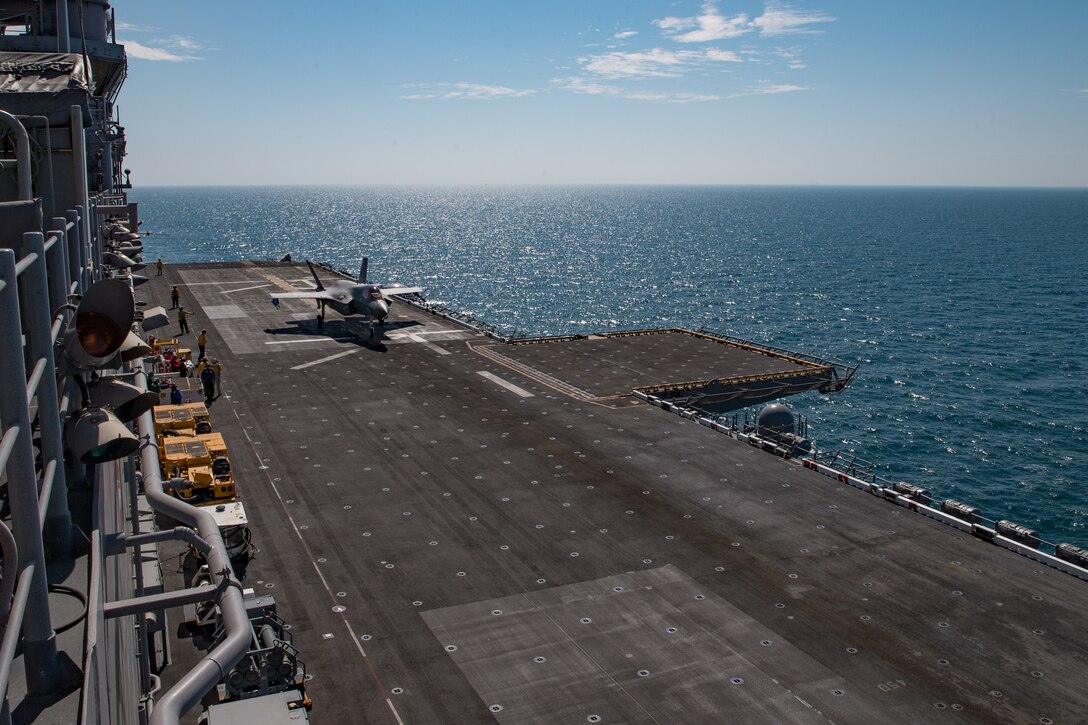 A U.S. Marine Corps F35B Lightning II prepares to take off from the flight deck of the amphibious assault ship USS Makin Island (LHD 8) during flight operations in support of Operation Inherent Resolve, Feb. 13.