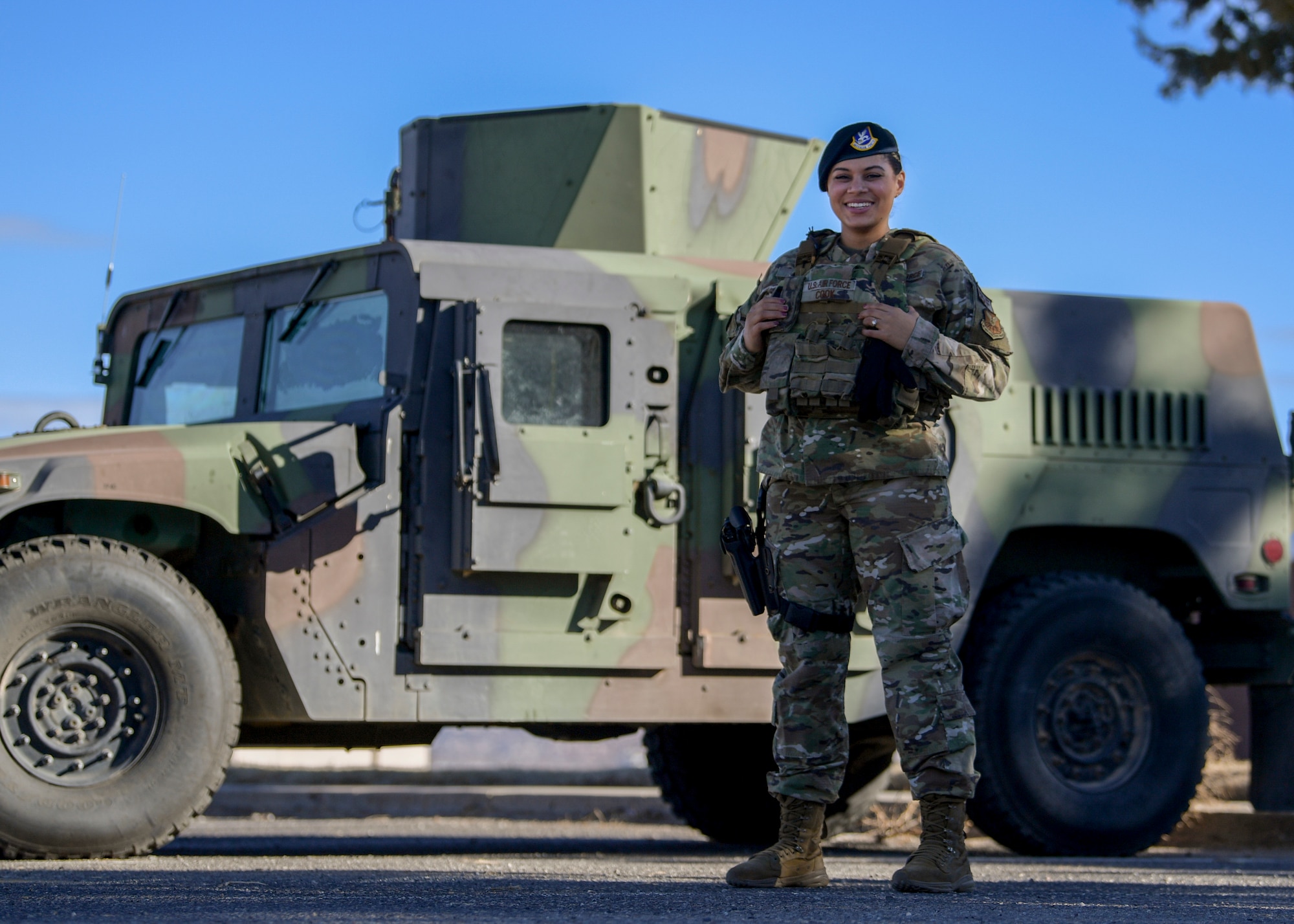 Senior Airman Kiah C. Cook, 377th Security Forces Group defender, poses in the new female body armor at Kirtland Air Force Base, N.M., Feb. 4, 2021. Airmen from the 377th SFG were among the first Air Force defenders to receive the new issue of female body armor starting January 2021.