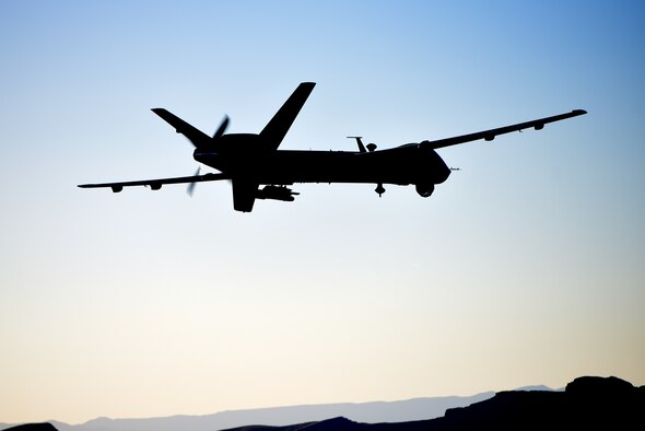 An MQ-9 Reaper flies a training mission over the Nevada Test and Training Range, July 15, 2019. MQ-9 aircrew provide dominant, persistent attack and reconnaissance for comabtant commanders and coalition partners across the globe. (U.S. Air Force photo by Airman 1st Class William Rio Rosado)