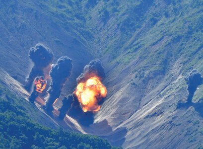 Weapons dropped from Air Force B-1B Lancer bombers and Marine Corps F-35B Lightning II practicing attack capabilities impact Pilsung Range, Republic of Korea, August 31, 2017 (Courtesy Republic of Korea Air Force)