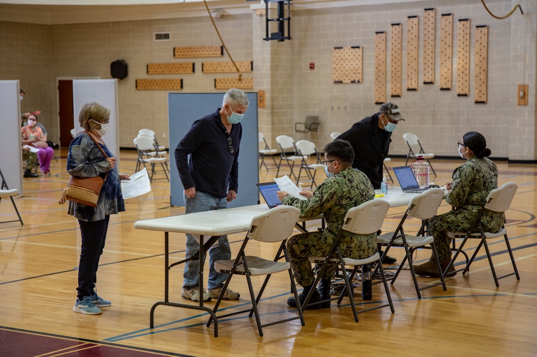 Vaccination stations have been set up at the Wallace Creek Fitness Center gym which is now operating as a mass COVID-19 vaccination center to support Marine Corps Installations East personnel and beneficiaries on Marine Corps Base Camp Lejeune, North Carolina, Feb. 16, 2021. Beginning Feb. 16, 2021, Naval Medical Center Camp Lejeune personnel will be able to provide vaccinations for any eligible personnel with the capability of vaccinating up to 2000 people per day. (U.S. Marine Corps Photo by Lance Cpl. Isaiah Gomez)