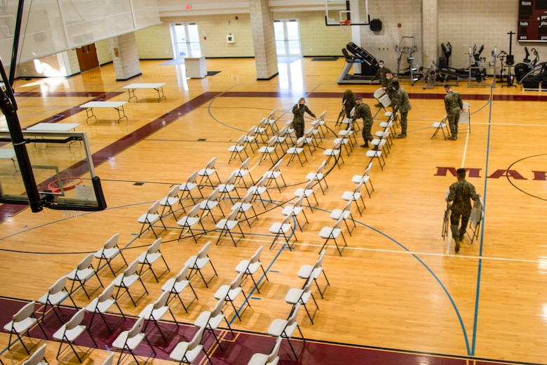 An additional mass vaccination site is being set up at the Wallace Creek Fitness Center to enable Naval Medical Center Camp Lejeune personnel to vaccinate the base population against COVID-19 more rapidly. The new location will serve as an additional site to accommodate base personnel, TRICARE beneficiaries and commands not associated with II Marine Expeditionary Force. A date of opening has not yet been announced as NMCCL crews are working to establish operations at the new site. (U.S. Marine Corps photo by Cpl. Ginnie Lee)