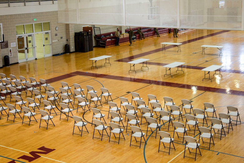 An additional mass vaccination site is being set up at the Wallace Creek Fitness Center to enable Naval Medical Center Camp Lejeune personnel to vaccinate the base population against COVID-19 more rapidly. The new location will serve as an additional site to accommodate base personnel, TRICARE beneficiaries and commands not associated with II Marine Expeditionary Force. A date of opening has not yet been announced as NMCCL crews are working to establish operations at the new site. (U.S. Marine Corps photo by Cpl. Ginnie Lee)