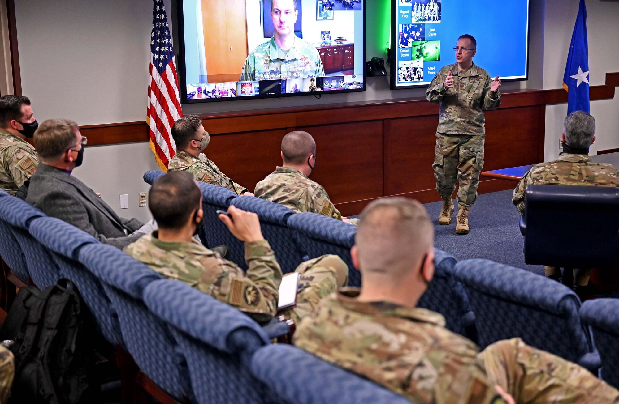 U.S. Air Force Lt. Gen. Jim Slife, commander of Air Force Special Operations command, speaks with Airmen during the command's Mission Defense Conference at Hurlburt Field, Fla., Feb. 2, 2021. The conference focused on identifying the organic cyber capabilities needed to protect missions against threats in, through, and from cyberspace. (U.S. Air Force photo by Senior Airman Brandon Esau)