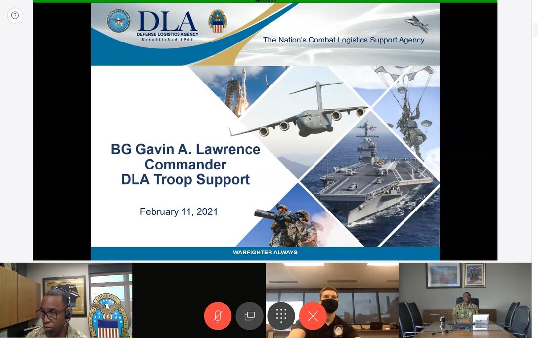 DLA Troop Support Commander Army Brig. Gen. Gavin Lawrence, bottom left, gives a virtual presentation about Troop Support, its logistic abilities and leadership philosophy during an Anheuser Busch Logistics Professional Development session Feb. 11, 2021.