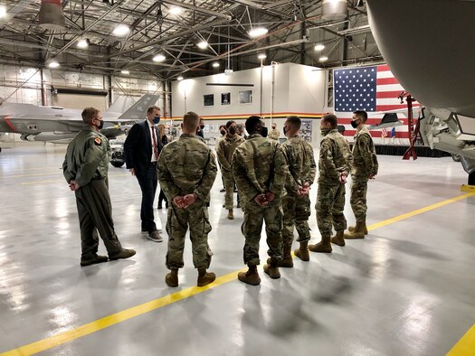 Air Force reservists from the 419th Fighter Wing and active-duty personnel from the 388th Fighter Wing give Rep. Blake Moore an overview of the F-35A Lightning II during a tour of Hill Air Force Base, Utah, Feb. 16.