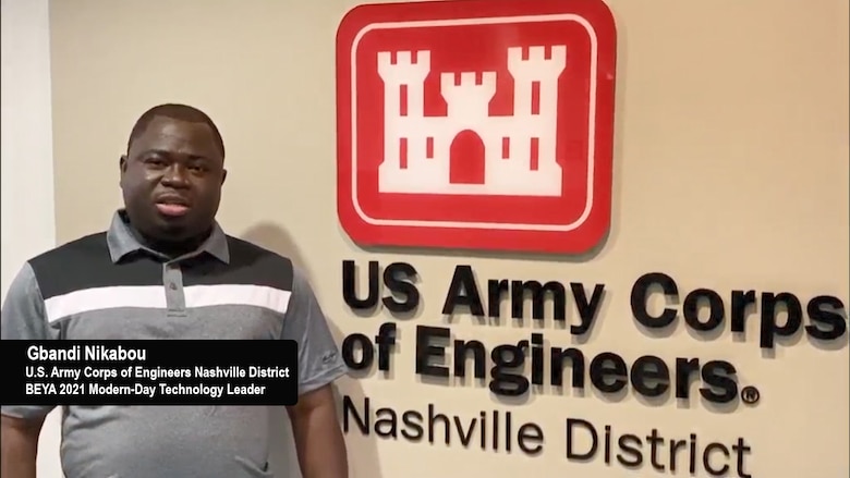 Gbandi Nikabou, structural engineer with the U.S. Army Corps of Engineers Nashville District Civil Design Branch’s Structural Section, is honored as a “Modern-Day Technology Leader” during the 35th Black Engineer of the Year Awards Technology Recognition Ceremony held virtually Feb. 12, 2020 in Detroit, Mich.