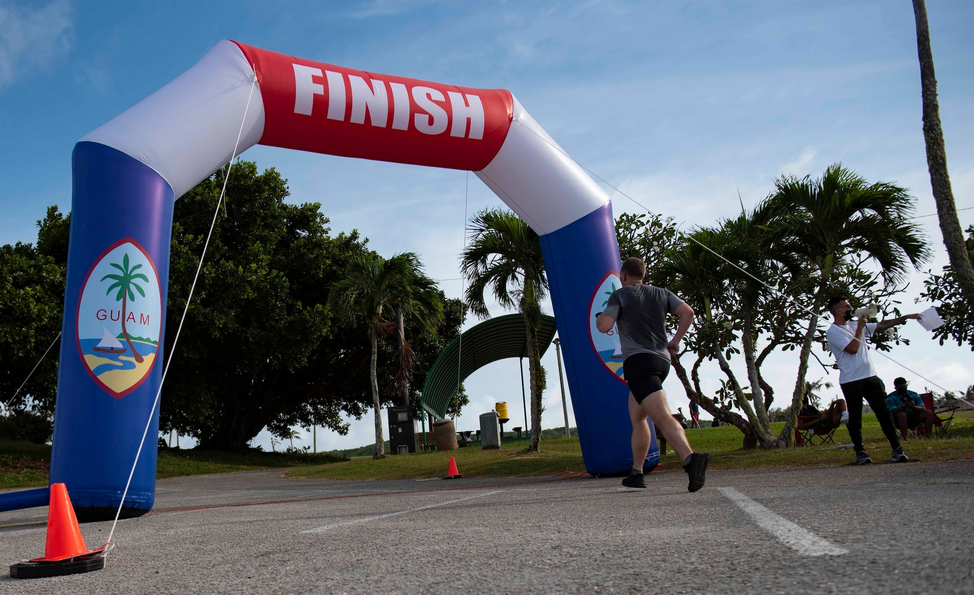 A participant finishes the first ever Fat Tuesday 5K fun run at Andersen Air Force Base, Guam, Feb. 16, 2021.