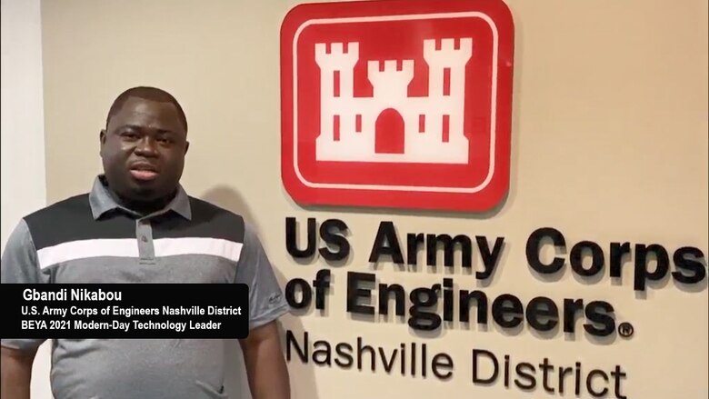 Gbandi Nikabou, structural engineer with the U.S. Army Corps of Engineers Nashville District Civil Design Branch’s Structural Section, is honored as a “Modern-Day Technology Leader” during the 35th Black Engineer of the Year Awards Technology Recognition Ceremony held virtually Feb. 12, 2020 in Detroit, Mich.