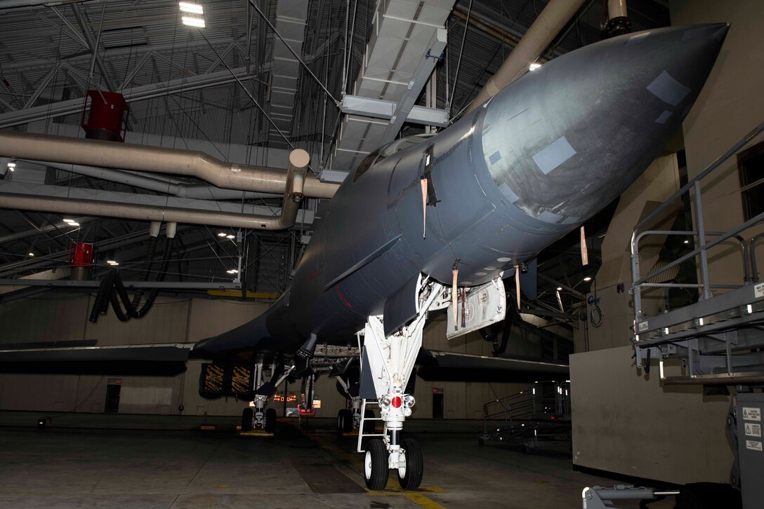 A B-1B Lancer is prepared for divestiture at Ellsworth Air Force Base, S.D., Feb. 16, 2021. The planned divestment of 17 B-1B aircraft supports the shaping of the B-1B fleet so that it remains a healthy and effective long-range precision strike force. The remaining fleet that will provide margin across the bomber transition and incur cost avoidance to reach the future bomber fleetforce faster. (U.S. Air Force photo by Airman 1st Class Quentin Marx)