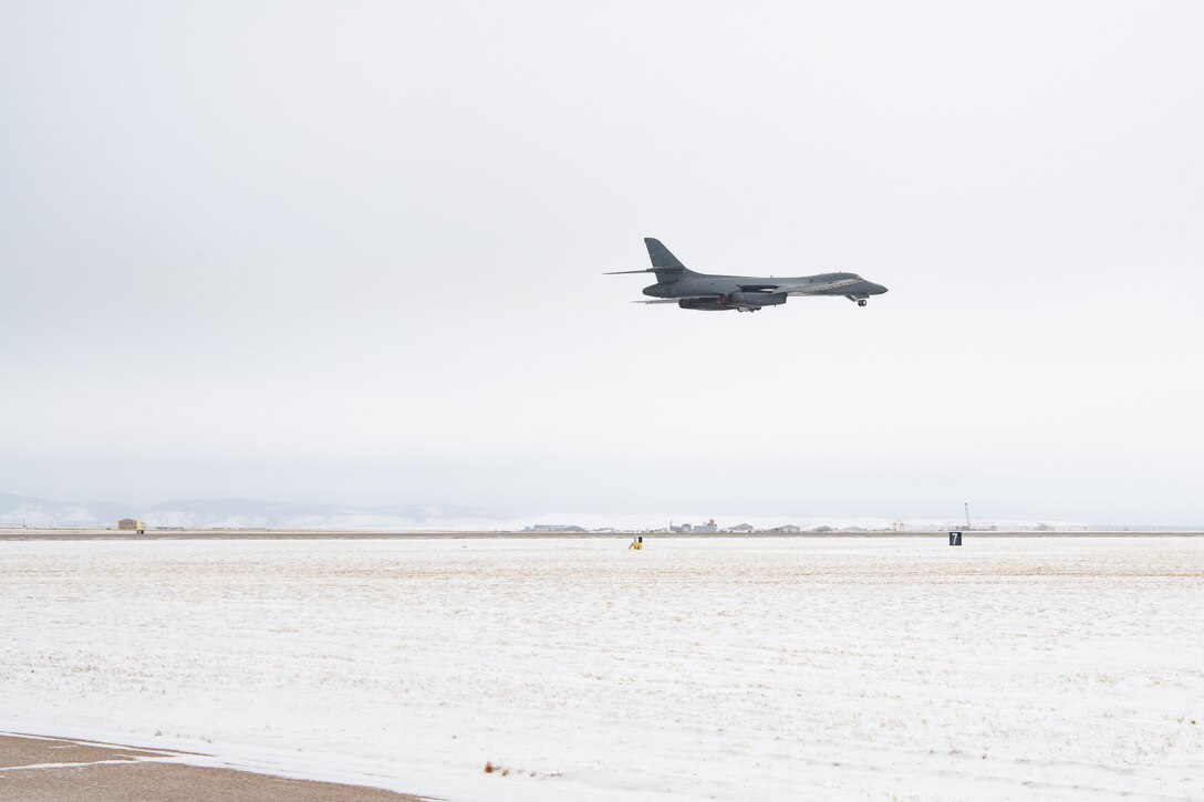 A B-1B lancer that is being divested takes off from Ellsworth Air Force Base, S.D., for the final time Feb. 17, 2021. Divesting aircraft with the least amount of usable life allows the Air Force to prioritize investment in the health of the remaining fleet and crew training. (U.S.  Air Force photo by Airman Jonah Fronk)
