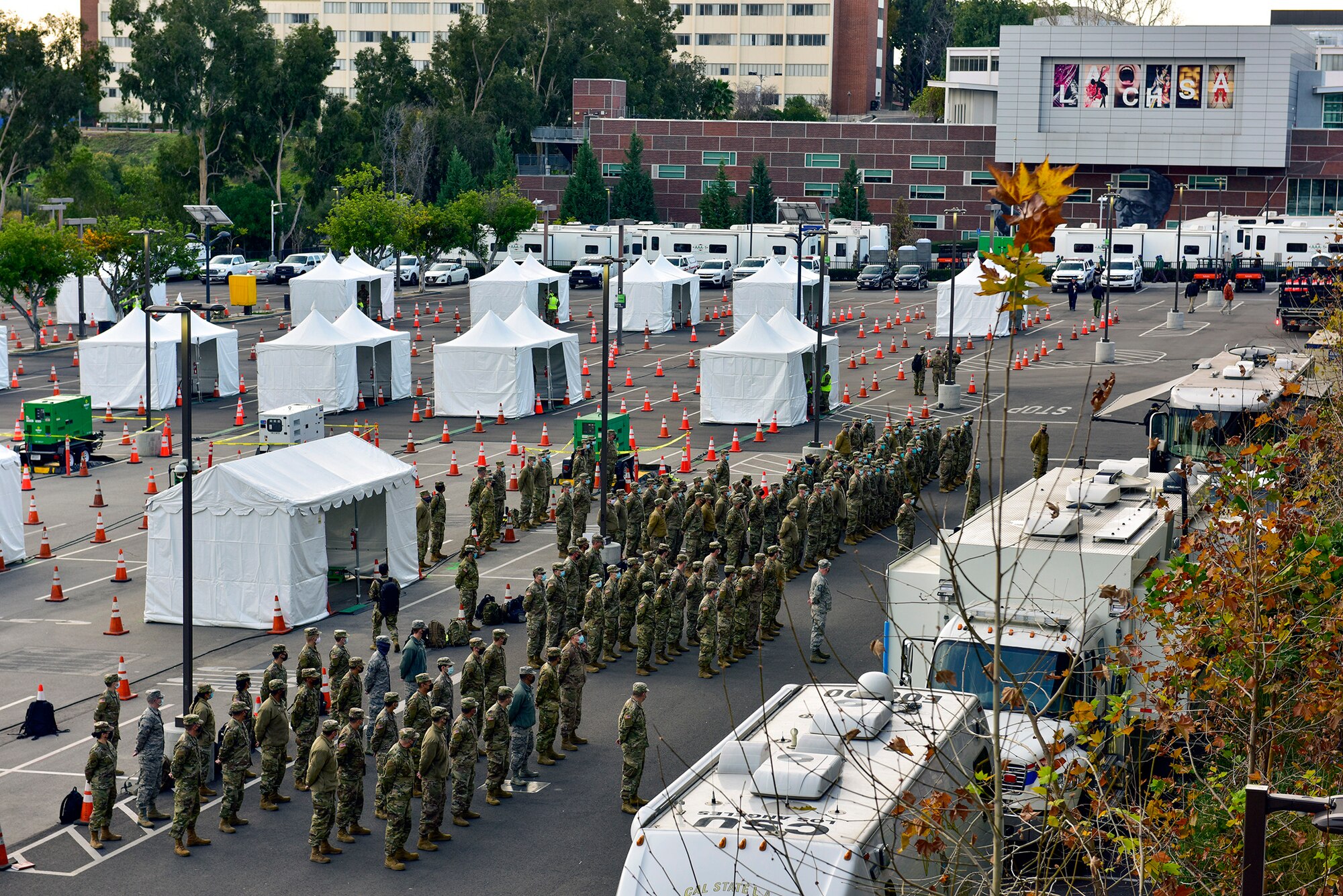 Guardsmen of the California National Guard assigned to Joint Task Force Mustang attend a morning brief at the California State University campus in Los Angeles Feb. 15.